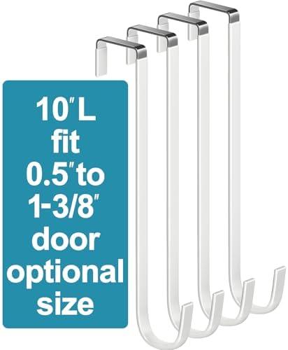 Mars-Rock Over The Door Metal Hooks with Plastic Coating 10" Fit 0.5" to 1 3/8" Door 4 Pcs Heavy Duty Single Towel Robe Rack Wreath Bathroom Shower Hanger Shoe Organizer Ironing Board Long White