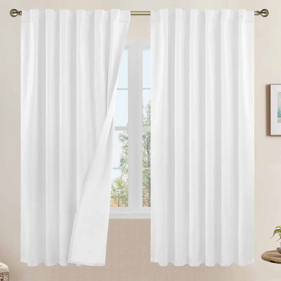 LAMIT 100% White Blackout Curtains for Bedroom, 63 Inches Linen Textured Thermal Curtains Back Tab and Rod Pocket Burlap Panels with White Liner for Farmhouse/Living Room, 2 Panels, 52 x 63 Inch