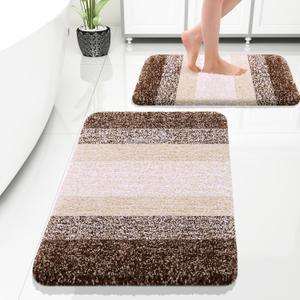 OLANLY Bathroom Rug Set 2 Piece, Soft Absorbent Microfiber Bath Rug Set, Non-Slip, Machine Wash Dry, Plush Shaggy Bath Mats for Bathroom (30"x20"+24"x16", Brown)