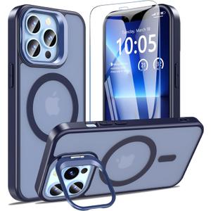 Fin2feel for iPhone 13 Pro Case with Screen Protector, Compatible with MagSafe, Magnetic Phone Case with Camera Stand Protective Shockproof Matte Cover Case for iPhone 13 Pro (Blue)