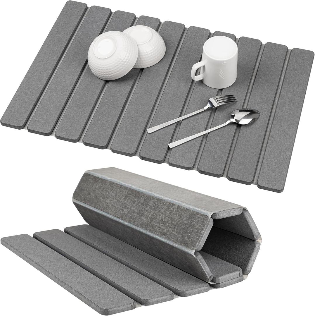 Stone Drying Mat for Kitchen Counter, 24"x16" Large Dark Gray Foldable Diatomaceous Earth Mat, Quick-Dry Super Absorbent Stone Dish Drying Mat for Dishes Bottles Cups