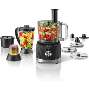 Sangcon Smoothie Blender and Food Processor Combo for Kitchen, 600W Vegetable Chopper with 2 x 8-Cup Bowls, 11-in-1 Food Chopper for Slicing, Shredding, Mixing, Purees & Dough, Shakes, BPA-Free (Black)