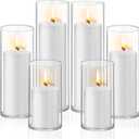 12 PCS White Pillar Candles with Glass Candle Holders Clear Hurricane Candle Holders Glass Cylinder Vases for Centerpieces Wedding Party, Event, Home Office (6 Candles+6 Candle Hoders)