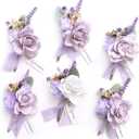 Ling's moment Boutonniere for Men, 6pcs Groom Groomsmen Boutonniere with Built-in Pins, Artificial Flowers for Wedding Decor/Prom/Homecoming, etc.Purple Lilac Lavender