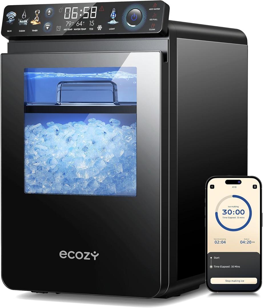 ecozy Nugget Ice Maker Countertop, Smart Pebble Ice Machine with APP Control, 44 lbs Per Day Soft Pellet Chewable Ice with Self-Cleaning, Black