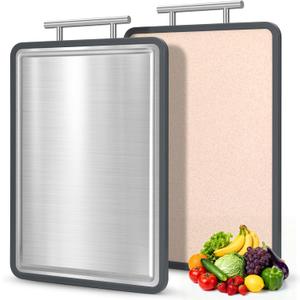 Stainless Steel Cutting Board 15 * 11 Inch, IDekooror Double Sided Steel Chopping Board for Kitchen, Steel and Wheat Straw PP 2-in-1 Cutting Board for Meat Vegetables Fruits, Dishwasher Safe