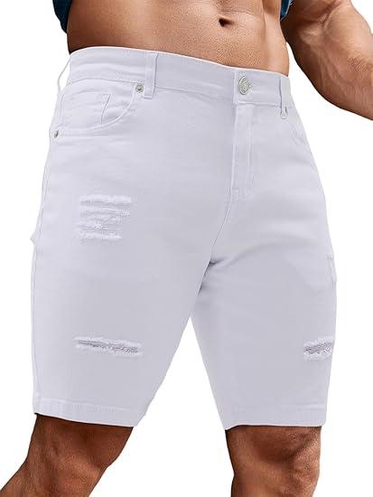 TUREFACE Mens Denim Shorts Fashion Slim Fit White Jean Shorts Skinny Stretch Ripped Dress Jorts Lightweight Frayed Short for Summer（White, 28）