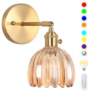 EIDEARAY Battery Operated Wall Sconce, Vintage Wall Sconce with Amber Tulip Glass Lampshade Rechargeable Battery Powered Wall Light with Remote Control for Bedroom,Living Room, Hallway, Aisle