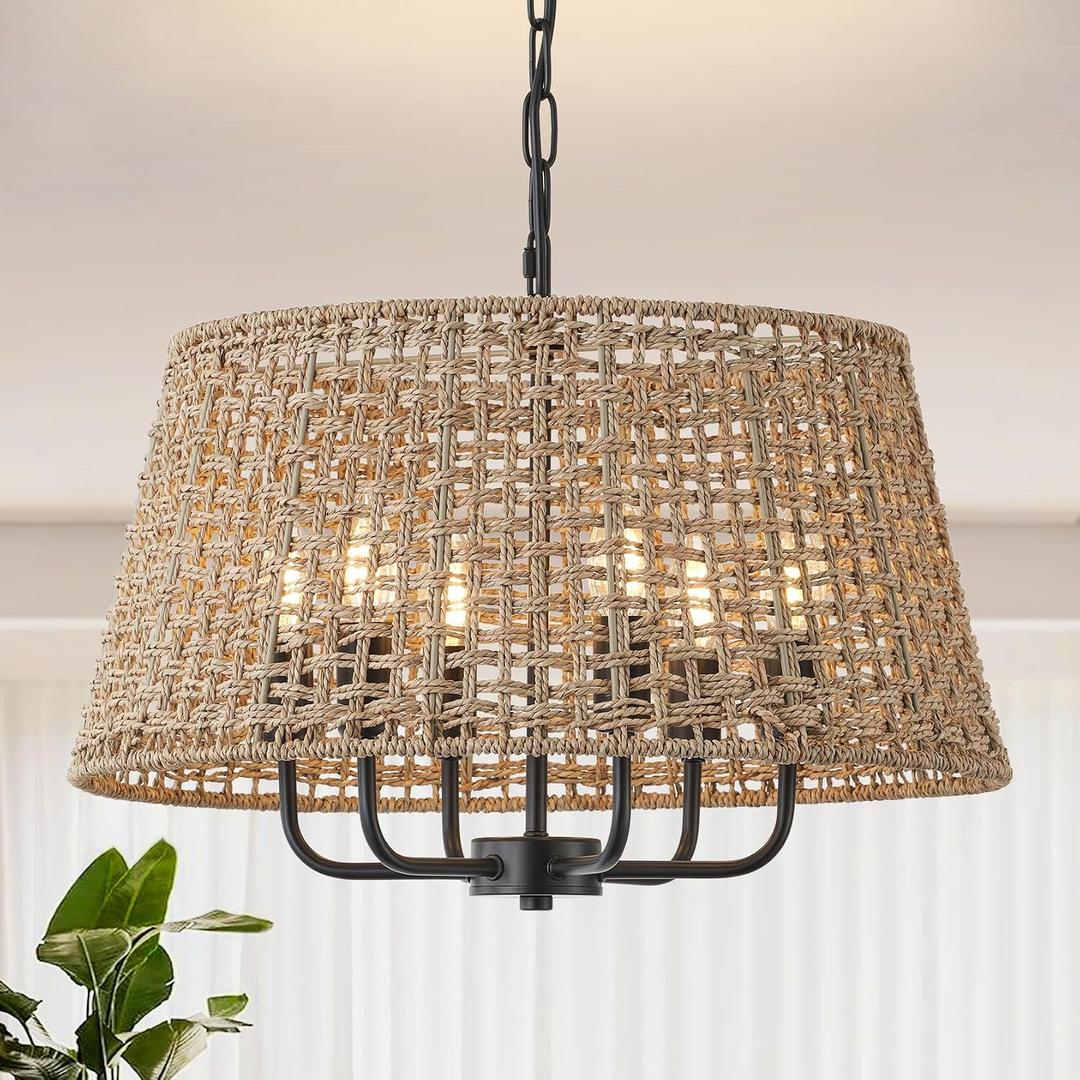 20"Rattan Large Boho Chandelier Ceiling Light Fixture, 6-Light Farmhouse Wicker Hand-Woven Chandelier Rattan Ceiling Pendant light Fixture for Dining Room Bedroom Hallway Kitchen Island(Black)