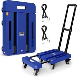 Folding Hand Truck, 500 LB Heavy Duty Luggage Cart, Utility Dolly Platform Cart with 6 Wheels & 2 Elastic Ropes for Luggage, Travel, Moving, Shopping, Office Use, Blue
