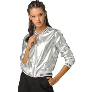 Allegra K Women's Bomber Jacket Sparkly Crew Neck Long Sleeve Holographic Lightweight 90S Shiny Party Metallic Jackets Small Silver