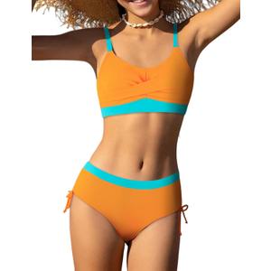 Girls' Swimwear 2PCS Suits Color Block Top with Bikini Teen Bathing Suits for Girls (11-12 Years, Orange Blue)