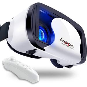 VR Headset with Controller Adjustable 3D VR Glasses Virtual Reality Headset HD Bluray Eye Protected Support 5~7 Inch for Phone/Android (White)