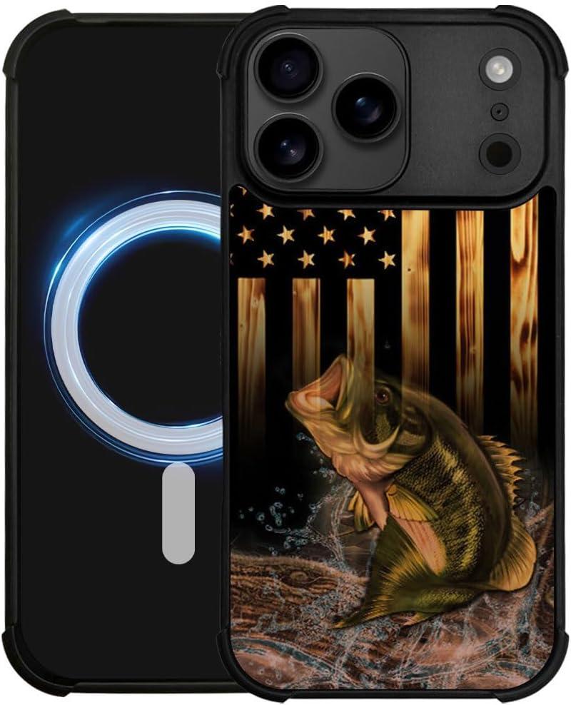 DJSOK Case for iPhone 17 Pro,Compatible with MagSafe,Anti-Scratch Shockproof Case,Wood American Flag Fish