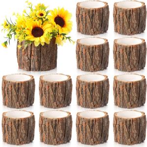 RimCereal 12 Pcs Wooden Vase for Centerpieces Woodland Table Decor Wooden Flower Vase Rustic Bark Stump Buckets Vintage Wood Planter Pots for Garden Party Wedding Window Home Farmhouse (Large)