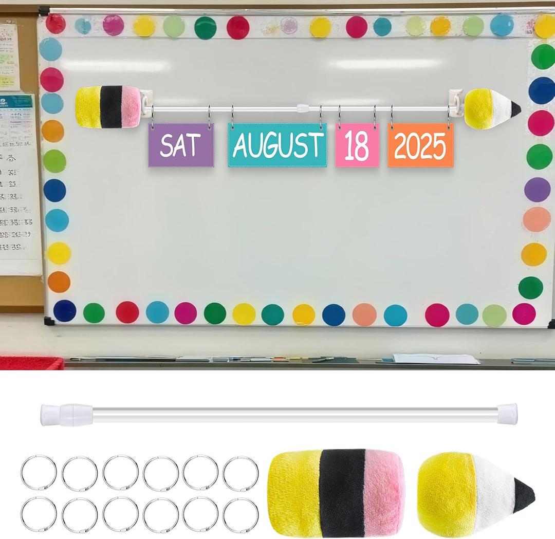 Classroom Pencil Flip Calendar Holder Set Adjustable Anchor Chart Holder 16-28 in Plush Pencil Chart Rod Date Cards Flip Calendar for Back to School Classroom Whiteboard Home Decor