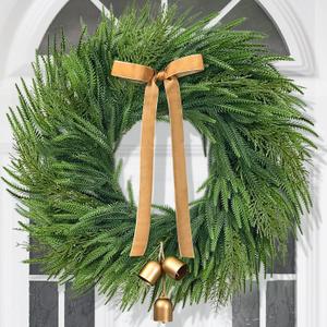 Christmas Wreaths for Front Door - 26" Real Touch Norfolk Pine Wreath, Large Christmas Wreath with Lights Gold Bell & Bow for Mantle Wall Window Indoor Outdoor Decor (1 Pack)