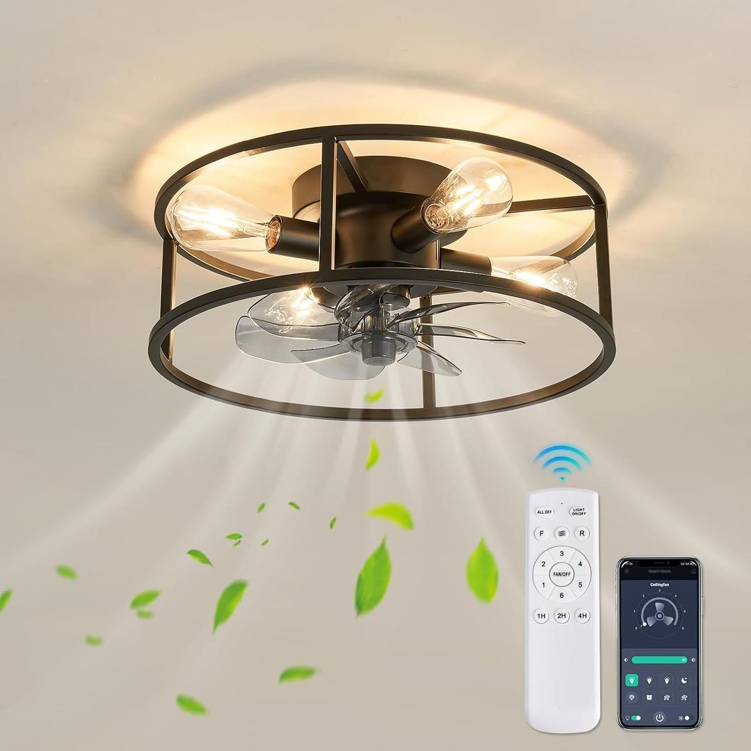 Black Caged Ceiling Fan with Lights Flush Mount Ceiling Fan with Remote Control 18 Inch Industry Metal Low Profile Fan for Farmhouse Dining Room Bedroom Kitchen Living Room