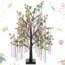 Huquary Mardi Gras Bead Tree Decor 23.6 Inch Lighted Tabletop Birch Tree with 20 Mardi Gras Beads Purple Gold Green for Fireplace Mantel Table Centerpiece Carnival Events Party Decoration
