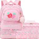 Makukke Backpack for Girls 3PCS School Set with Lunch Bag & Pencil Case, Cute Bookbag for Elementary & Middle School (Pink)