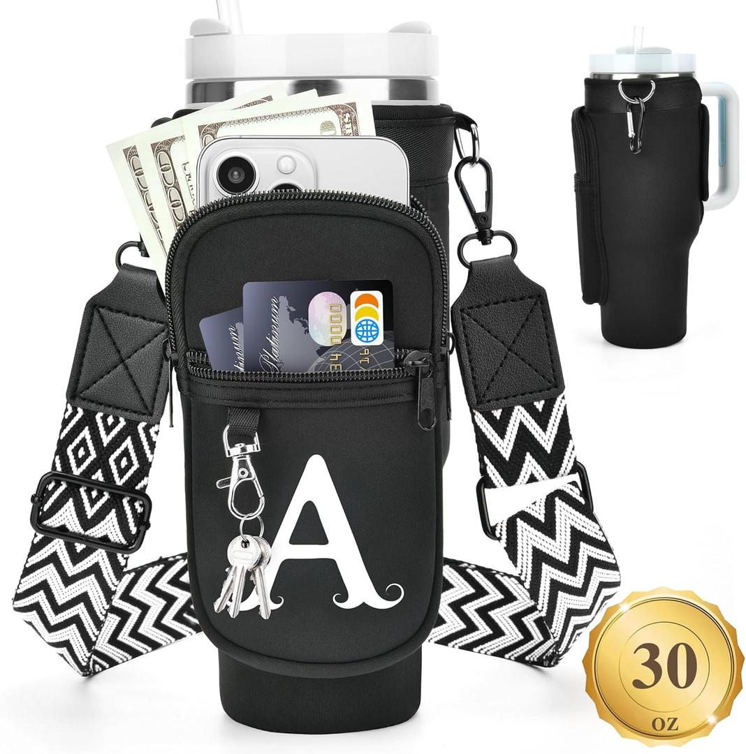LOKASS Water Bottle Holder with Strap for Stanley Cup 30 oz Tumbler with Handle, Personalized Initial Stanley Cup Accessories, Christmas Gifts Water Bottle Carrier Bag for Women Men girls (Black)