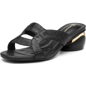 NEWBELLA Round Toe Womens Sandals, Open Toe Heeled Mules for Wide Feet (Black, Adult, Women, 7, Numeric, US Footwear Size System, Medium)