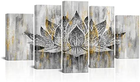 LevvArts 5 Panel Lotus Flower Wall Art Trendy Silver Golden Flower Painting Canvas Prints Zen Lotus Picture Artwork for Living Room Yoga Meditation Spiritual Decor Framed Ready to Hang