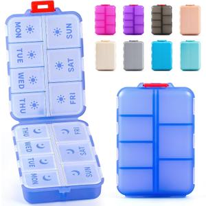 NEW Foldable & Double Protection Portable Weekly Pill Organizer 2 Times A Day with Etched Labels, AM PM 7 Day Week Medicine Box, Daily Travel Pill Case Dispenser for Vitamin, Supplement - Clear Blue