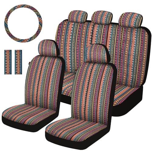 Baja Saddle Blanket Car Seat Covers Front Set with Seat Belt Pads, Washable Breathable Striped Woven Cloth Seat Covers for Cars, SUV, Truck, Airbag Compatible(Blue)