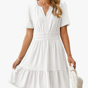 Simplee Womens 2025 Summer Mini Dress Eyelet Short Sleeve Cocktail Short Dresses Cute A Line Sun Dress with Pockets(White M)