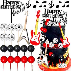 LaVenty Disco Cake Decoration Disco Cake Decoration Guitar Decoration Cake Guitar for Musical Theme Birthday Disco Party Decoration Rock Roll Birthday Decoration (Dark Red)