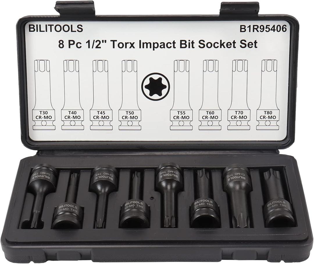 BILITOOLS 8-Piece Impact Torx Bit Socket Set 1/2 inch Drive, T30-T80, Cr-Mo Steel