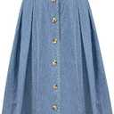 HERBATOMIA Pleated A-line Midi Skirt Elastic Waist Button Front Casual Flared Long Skirts with Pocket for Women, L
