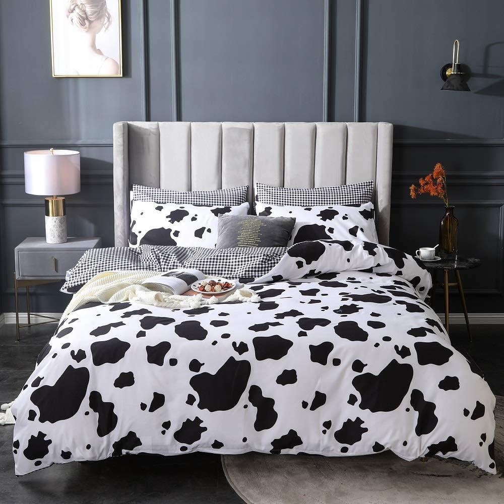Erosebridal Kid Cartoon Bedding Set Cow Print Duvet Cover Black White Comforter Cover Milk Cow Animal Bedspreads Cover 3 Pcs Queen Size, Reversible Plaid Grid Toddler Teen Boys Girls Room Decor,