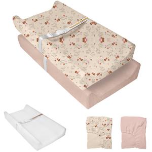 Muslin Baby Changing Pad, 2 Pack Muslin Soft Cotton Covers & Waterproof Lining Foam Diaper Changing Table Pad 32" x 16.6" Mat for Dressers (Beige+Light Pink)