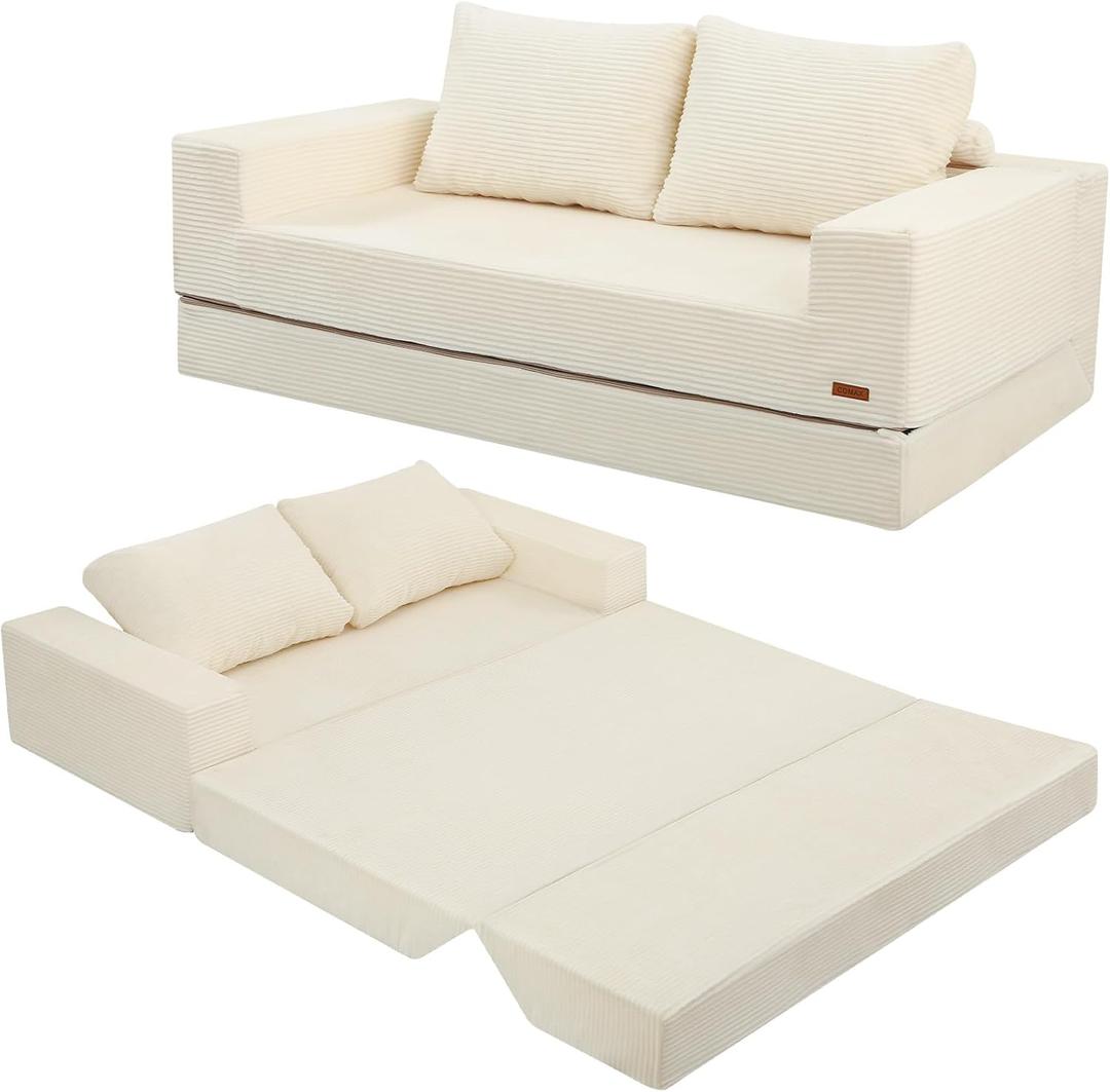 COMAX Convertible Sofa Bed Queen, Corduroy Folding Floor Couch Pull Out Couch Bed Futon Sleeper with Pillows, Fold Out Boneless Sofa Comfy Lounge Mattress Loveseat for Living Room Bedroom, Beige