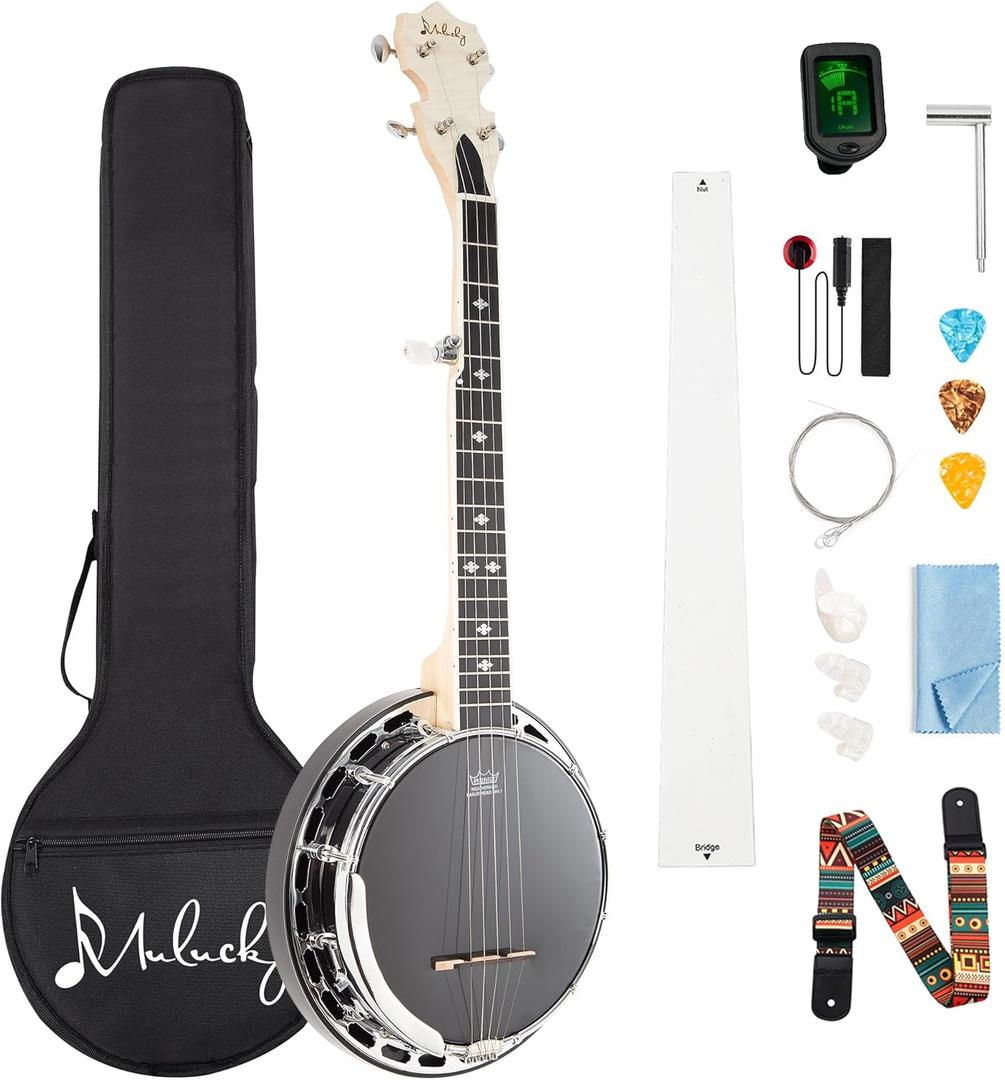 Mulucky 28-inch 5-string MINI Banjo, Portable Travel Banjo Maple Body + REMO Head, with bag, tuner, picks, etc. for Beginners