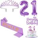 21st Birthday Decorations for Her Purple with 21st Birthday Sash and Cown, Cake Topper and candles, Number Balloons, 21 Year Old Gifts for Her