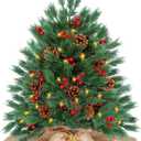 24 Inch Tabletop Christmas Tree with 50 Warm Lights Timer, Tabletop Pre-lit Small Christmas Tree Battery Operated Warm Lights 30 Red Berries 10 Pine Cones Burlap Base Xmas Decor Indoor