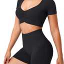 TAYOEA Crop Tops Workout for Women Yoga Short Sleeve Shirts Seamless V-Neck Gym T Shirts with Built in Pads (Black, XL)