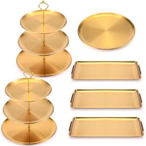 Zubebe 6 Pcs Dessert Table Display Set 2 Stainless Steel Cupcake Stand 3 Tier Cake Holder 3 Rectangle Serving Tray 1 Round Cake Tray Tiered Candy Cupcake Tower for Party Wedding Birthday (Gold)