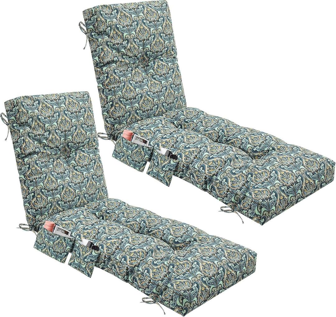 Kigley 2 Pcs Outdoor Chaise Lounge Cushions with Side Pocket 76x22x6 Thick Tufted Waterproof Patio Pool Lounge Chair Replacement Cushion Cyan Paisley Fade Resistant for Furniture Lawn, Patterned