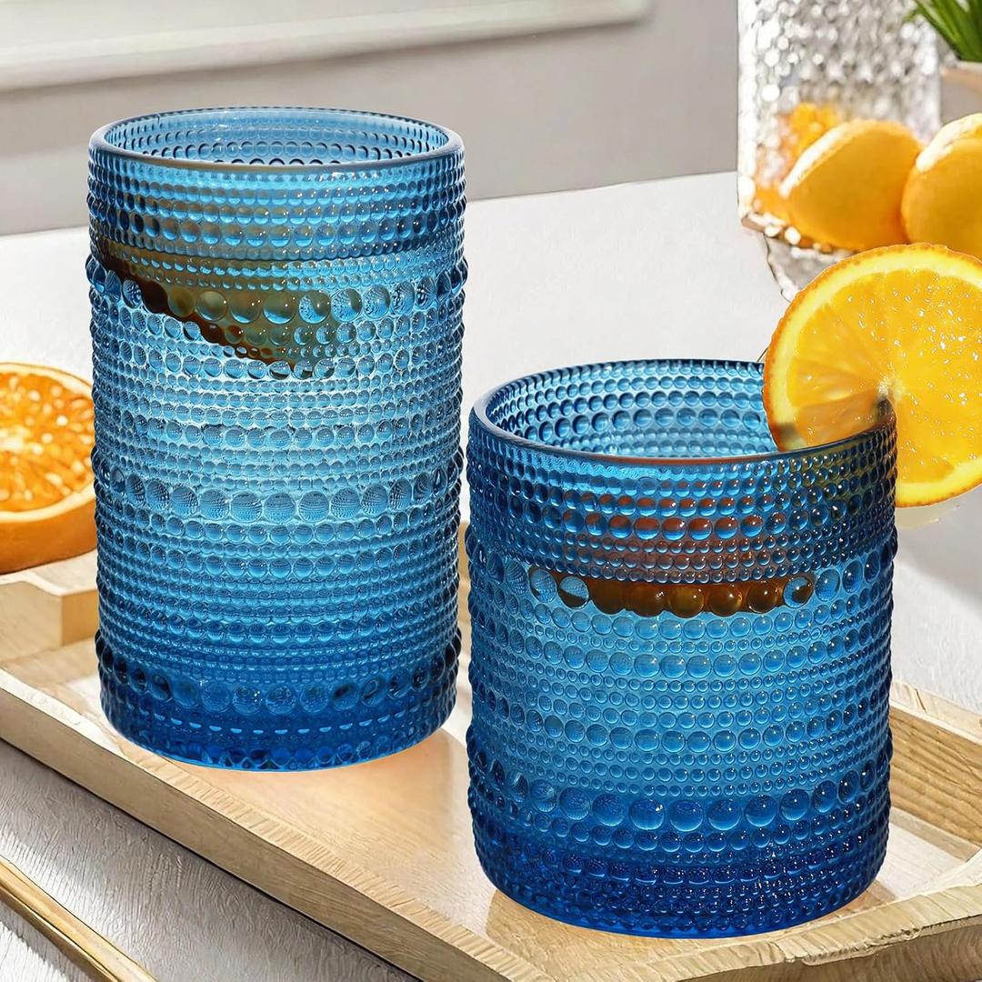 Vintage Hobnail Drinking Glass Set of 8 - 12 oz Highball & 10 oz Cocktail Tumblers for Whiskey, Juice, Milk