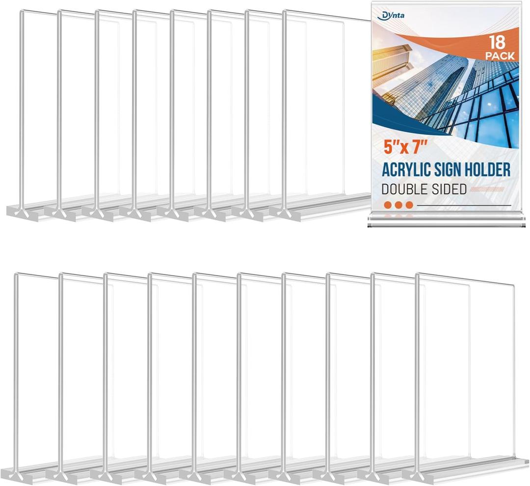 Dynta 18 Pack Acrylic Sign Holder 5x7 Inches Clear Picture Frame Vertical Table Double Sided Menu Flyer Holder T Shape Plastic Display Stand for Office Restaurant Store Wedding Party
