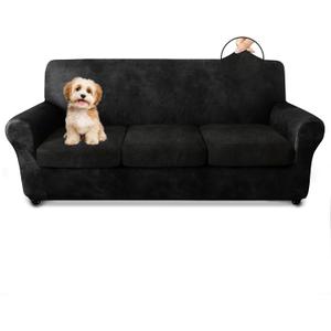 ANARACHON Sofa Slipcover 4-Piece for 3 Cushion Couch, Faux Leather Fabric NO Slip Scratch-Resistant Durable Stretch Furniture Protector, Pet Friendly for Dogs & Cats, Machine Washable, (Black)