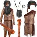 8 Pcs Caveman Costume Set Adult Jungle Costume Include Brown Tunic Kit Cave Bat Wig Beard Fake Tooth Necklace for Halloween (Medium)