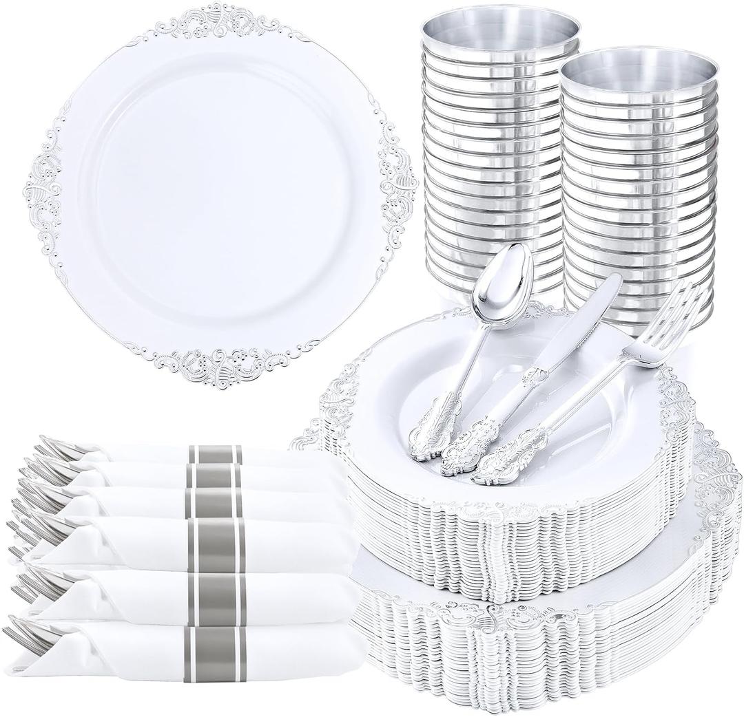 Nervure 350PCS Silver Plastic Plates - Silver Plastic Dinnerware Sets for 50 Guests - 100 Disposable Plates, 150 Silverware, 50 Cups, 50 Napkins for Wedding & Party (White and Silver)