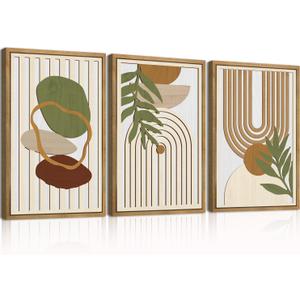 DRACIT Large Boho Minimalist Geometric Wooden Framed Canvas Wall Art Set,Neutral Sage Green Beige Wall Decor,Modern Mid Century Leaf Wall Sculptures for Living Room,Bedroom,Office-16 x24 x3