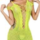 Women Sexy Flexible Fishnet Lingerie V-Neck Babydoll Mesh Teddy Bodysuit Mini Dress One Size (Yellow)