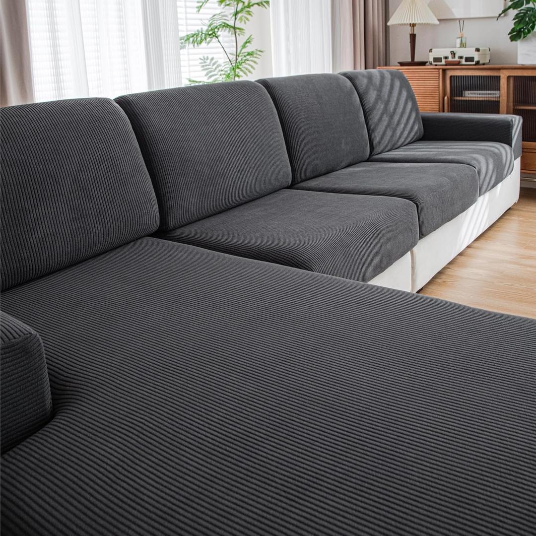 Couch Cushion Covers, Comfort Soft Magic Sofa Covers Washable Stretch Resistant Slipcovers for Sectional and L Shaped Seats (3 Seaters+1 Chaise, Dark Gray)